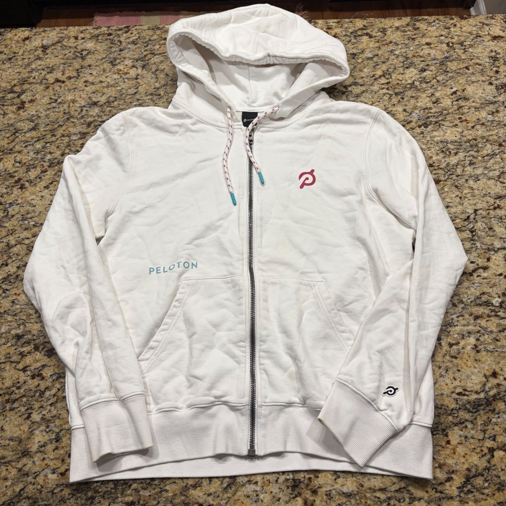 Peloton Womens XL White Full Zip Graphic Hoodie Sweatshirt Logo Back ws